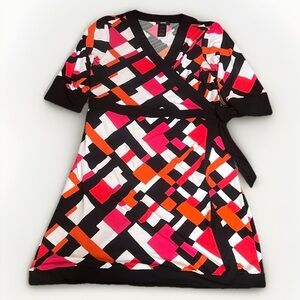 Alfani Wrap Print Stretch Dress Pink Orange Black sz L